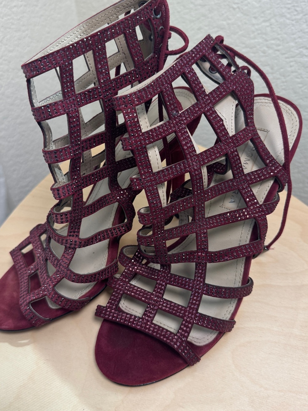 BCBGMaxAzria Burgundy Cage Lace-Up High-Heel Sandals